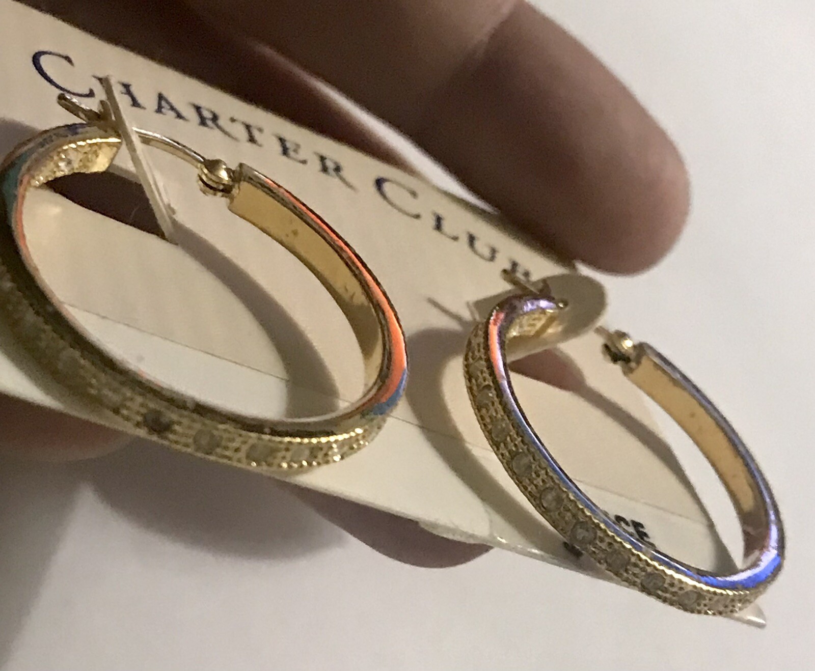 1-1/4” HOOP Earrings NOC Gold & rhinestone pierced Charter Club Retail $20