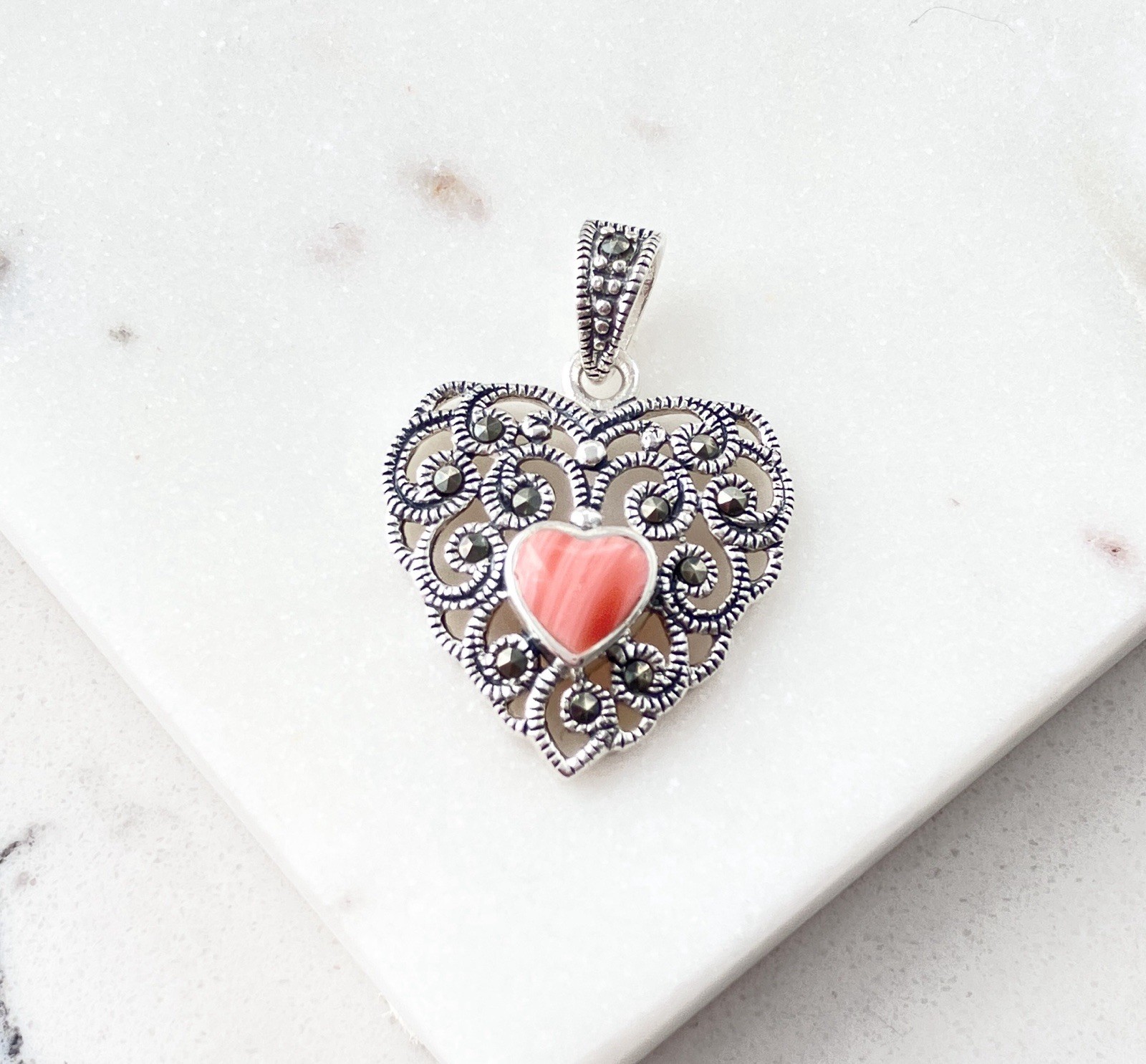 Vintage 925 Sterling Silver Pink Coral Marcasite Heart Pendant