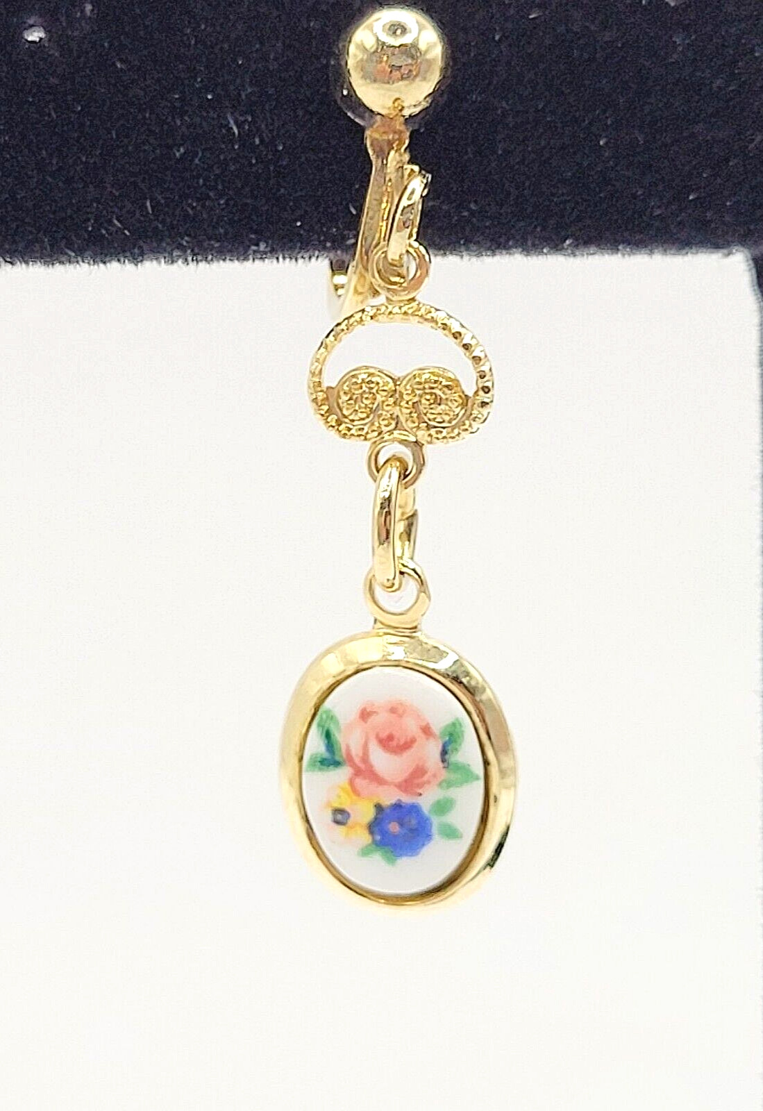 Petite Hand Painted Flowers Porcelain Gold Tone Drop Dangle Vintage Earrings