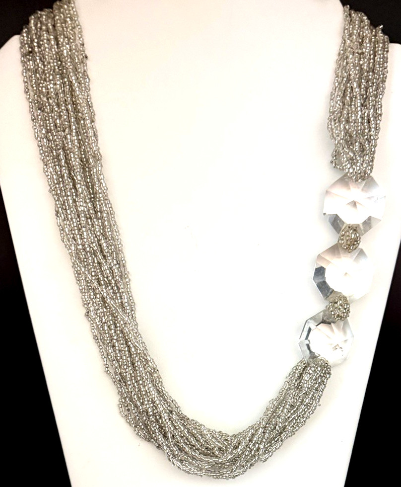 Vintage 25 Strand Silver Tone Clear Seed Bead & Faceted Crystal Necklace