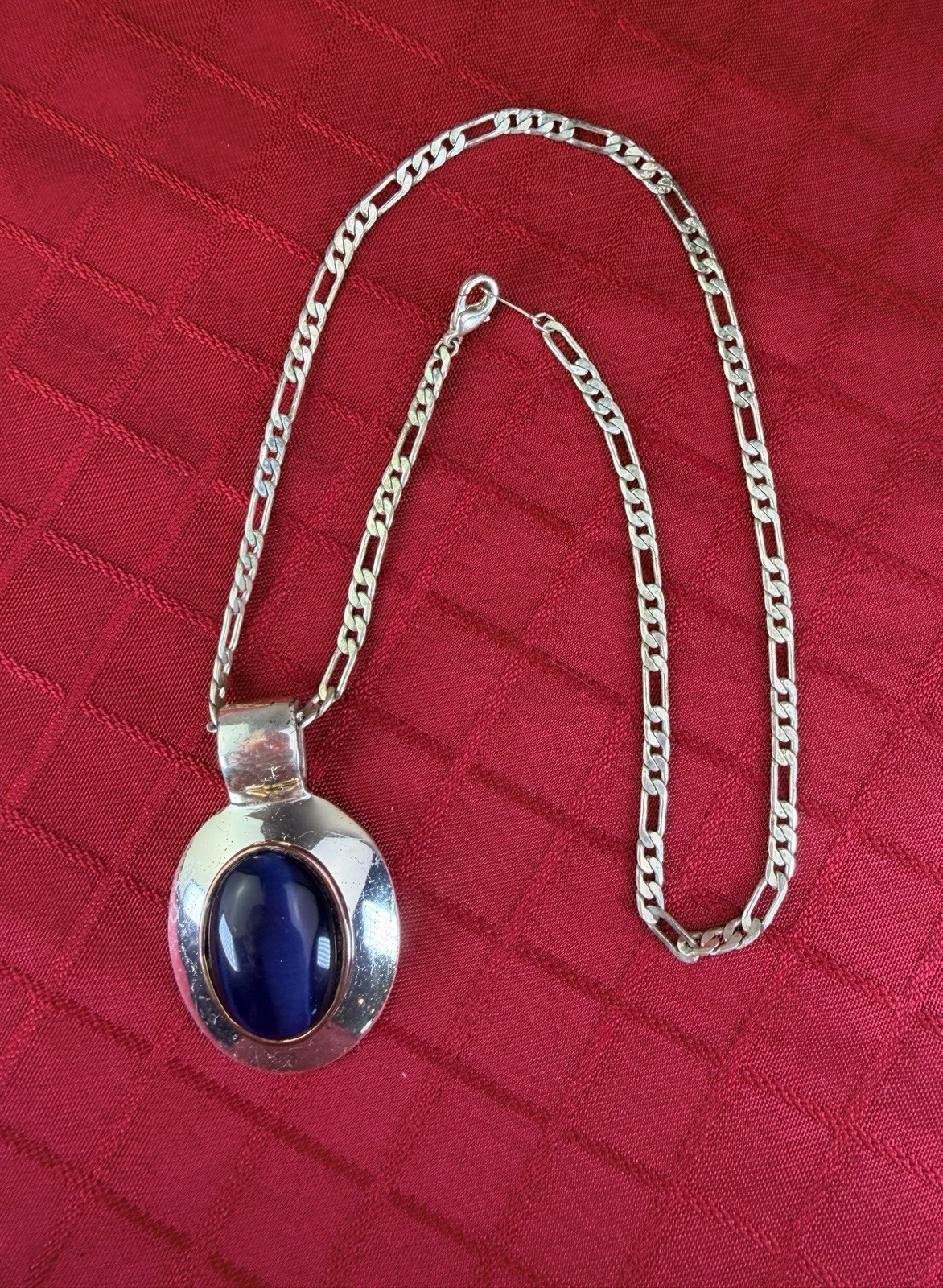 Vtg Silver Tone Blue Cabochon Pendant Necklace Modernist Figaro Chain 18” MCM