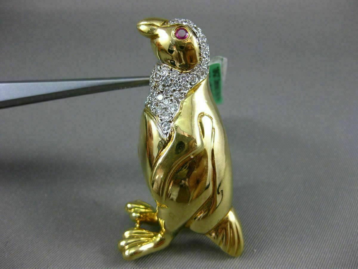 ANTIQUE EXTRA LARGE 1.52CT DIAMOND & AAA RUBY 18K YELLOW GOLD PENGUIN BROOCH PIN