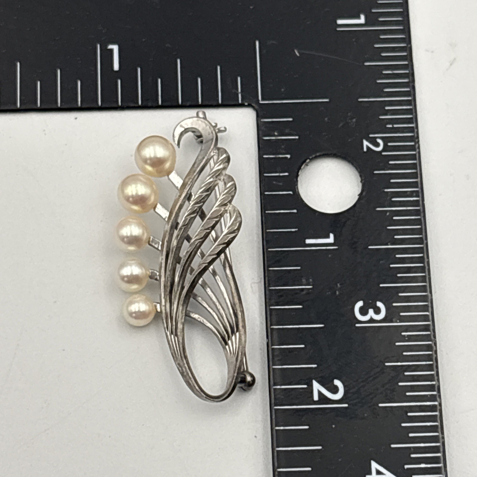 Mikimoto Pearl Sterling Silver Brooch Vintage Curved Wave Design Japan Signed