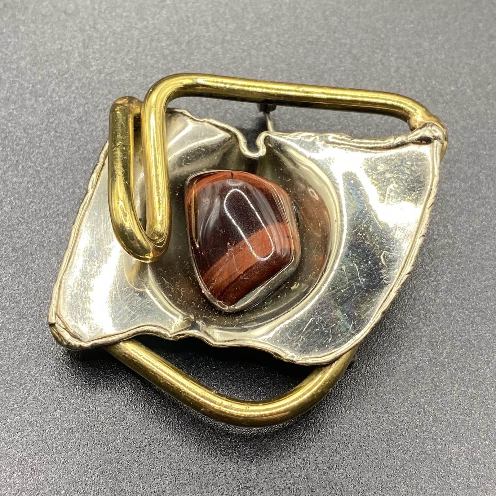 Vintage Brutalist Agate Brooch Abstract Two Toned