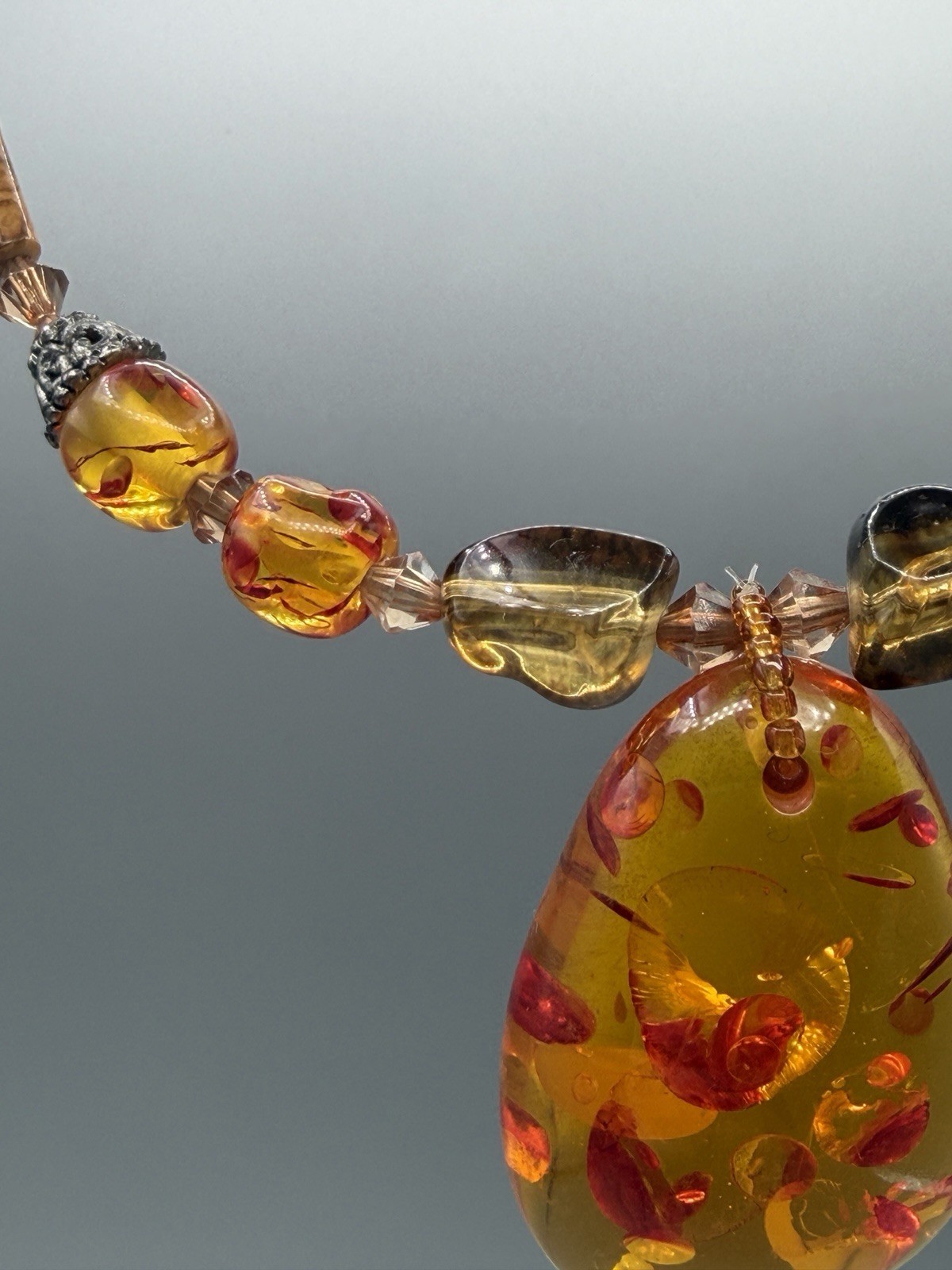 Vintage Amber Style Resin Pendant Necklace Beaded Statement Jewelry #999