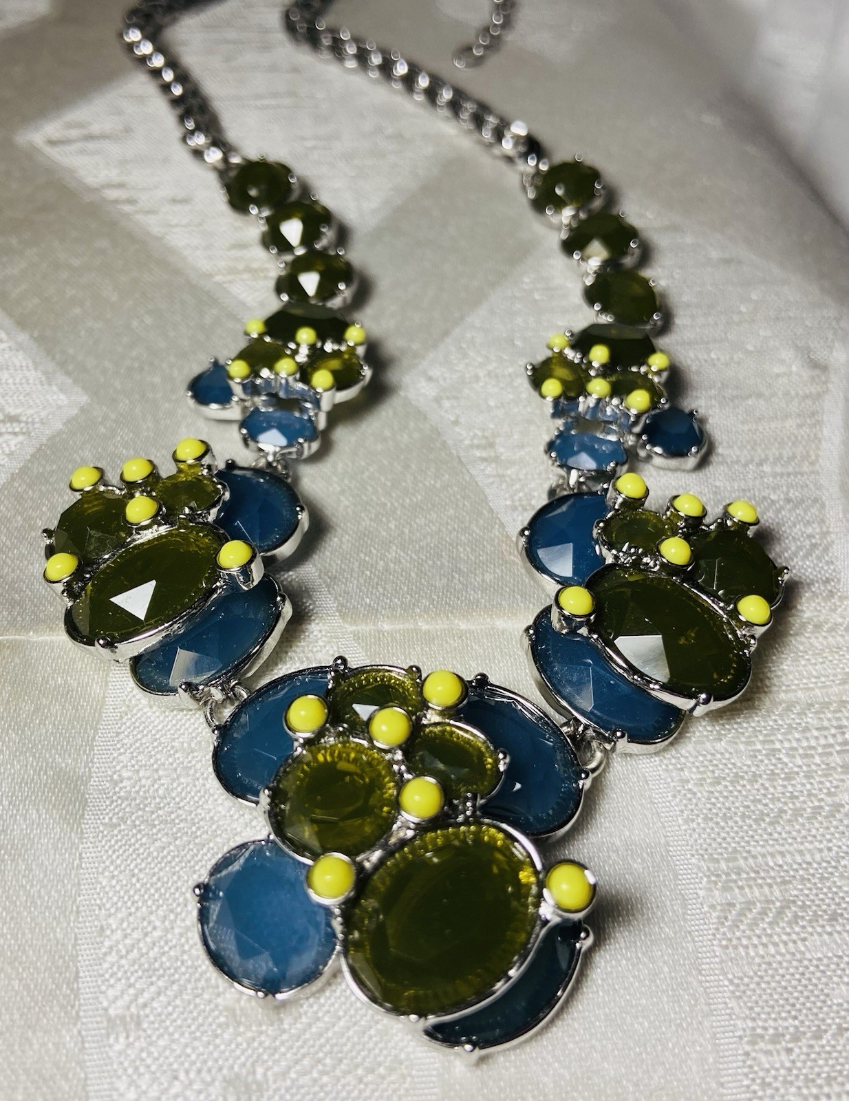 Vintage Statement Necklace Green Blue Faceted Floral Bib Necklace 20″ Adjustable