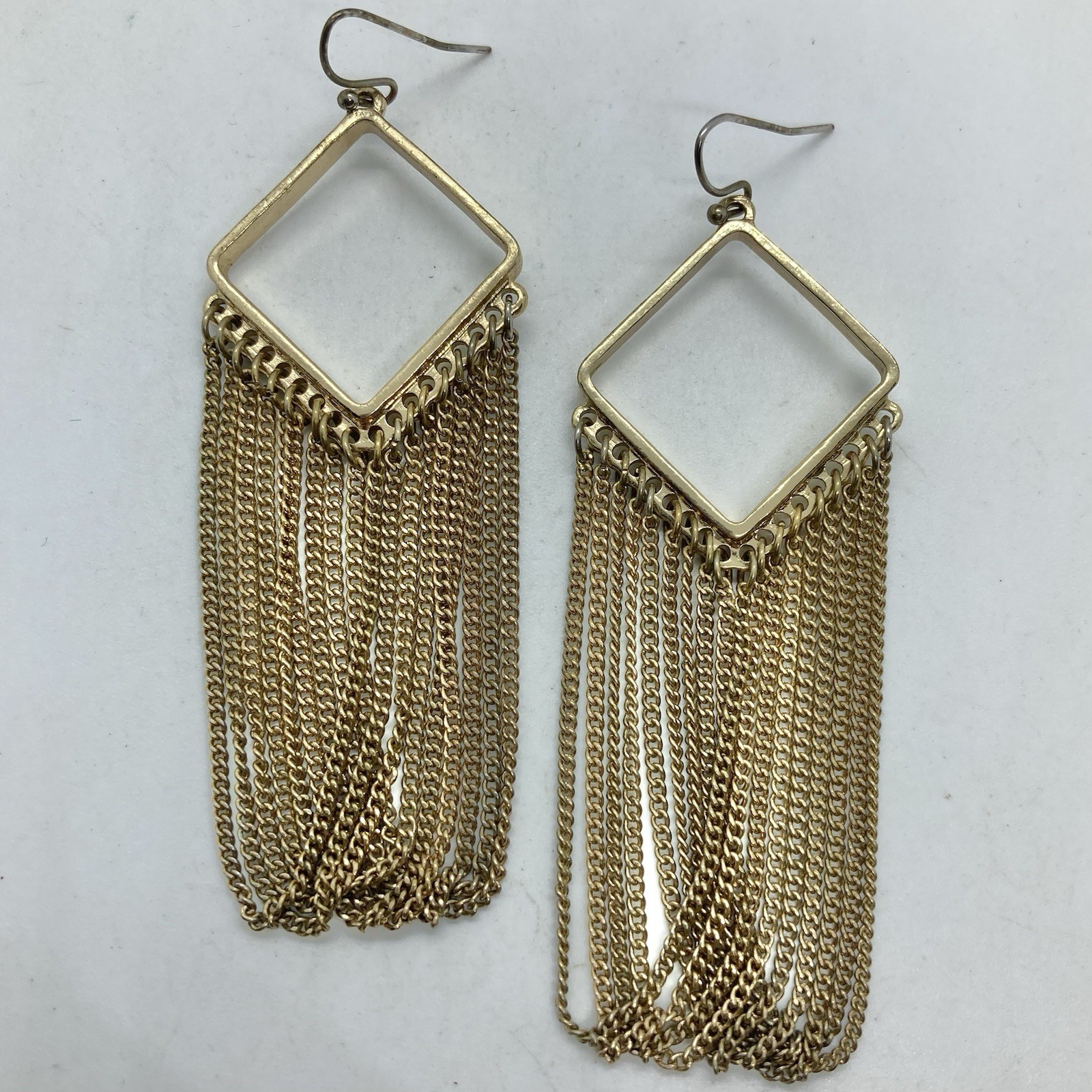 Vtg Fringe Chain Dangle Statement Earrings Gold Tn Hook Long Hoops