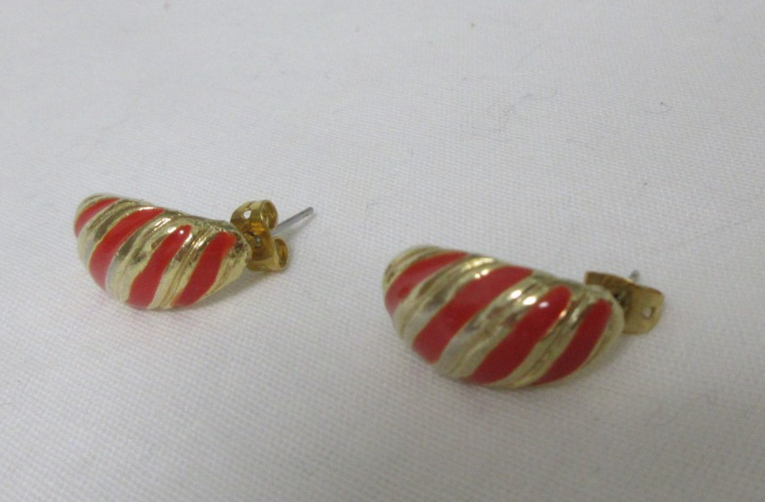 Vintage Gold Tone Red Enamel Striped Pierced Earrings