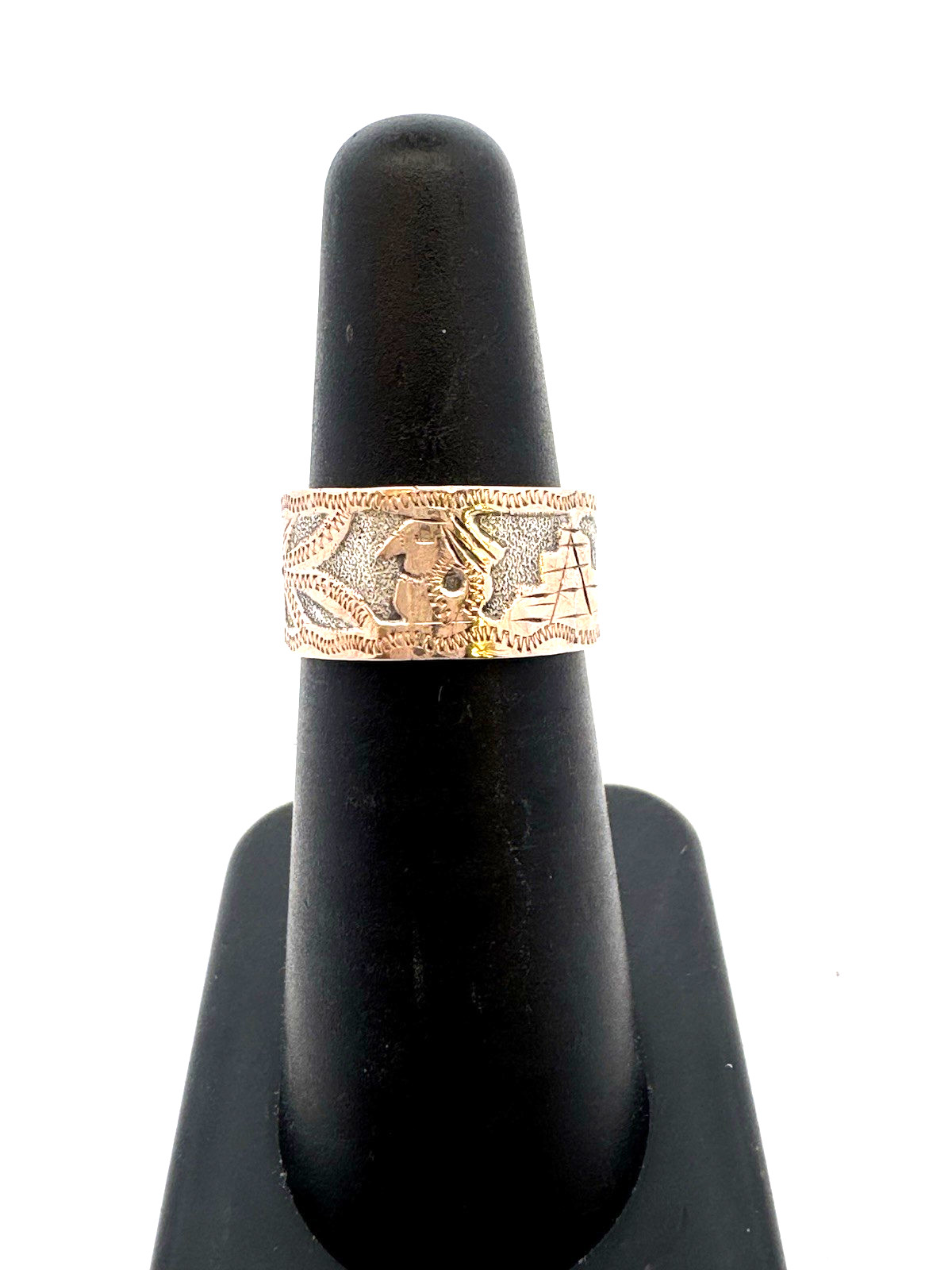 Vintage Guatemala Artisan 900 Fine Silver Two Tone Mayan Motif Wide Band Ring