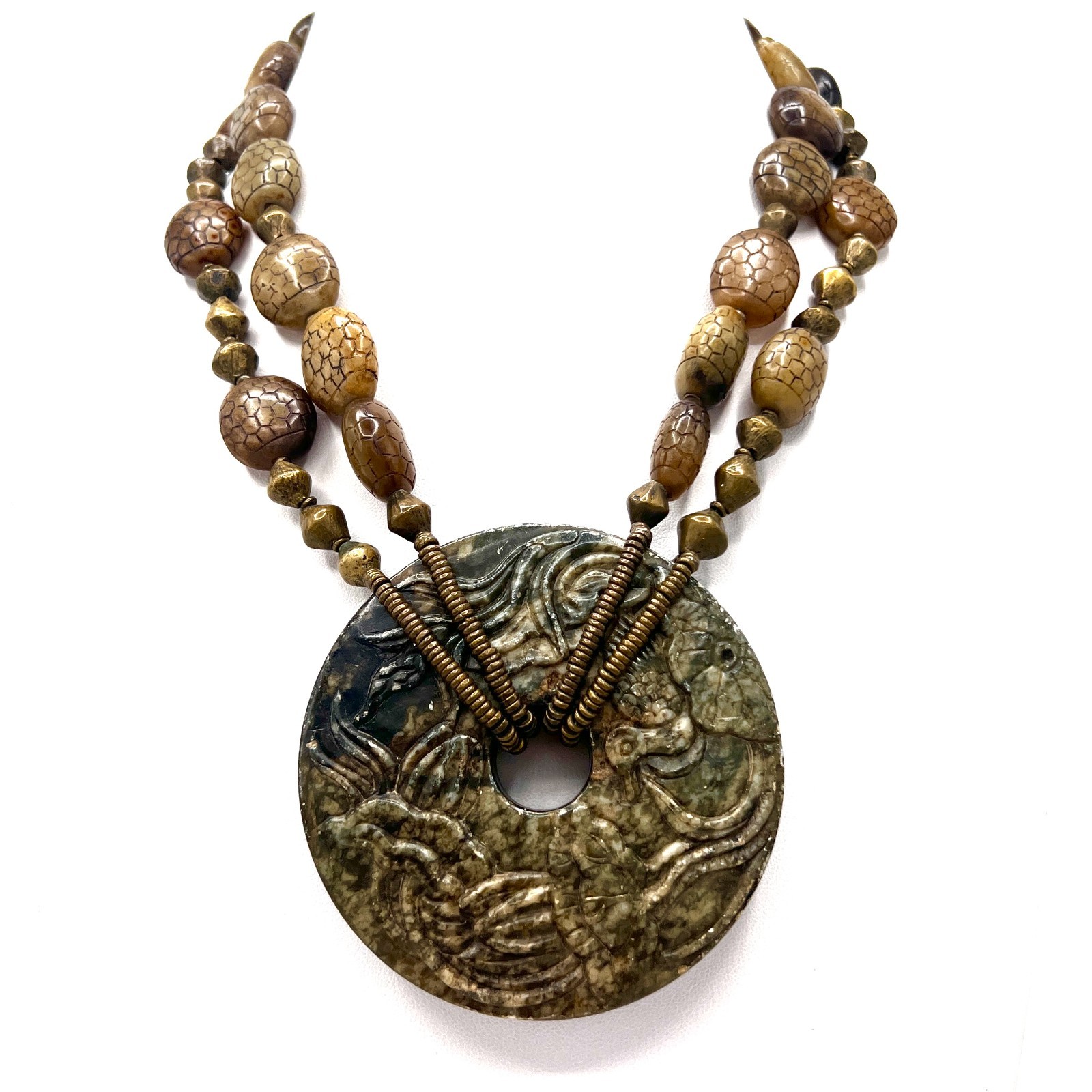 Artisan Carved Stone Medallion Necklace – Two-Strand Mossy Earth Tone Statement