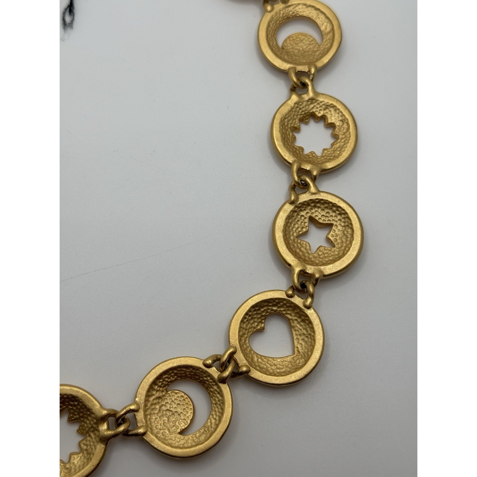 Vintage Anne Klein Necklace Matte Gold Tone Heart Star Moon Cut Out Round Link