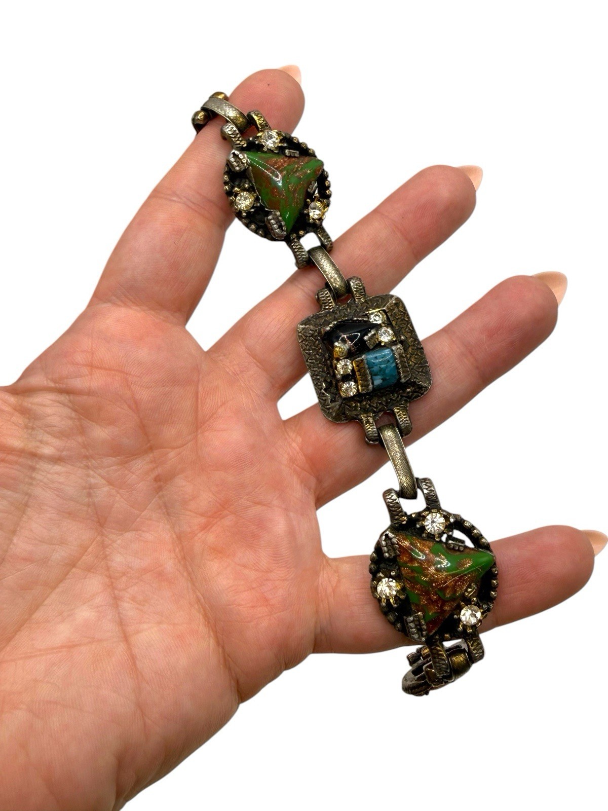 Vintage Maybe Unsigned Selro Art Glass Foiled Glass Link Bracelet