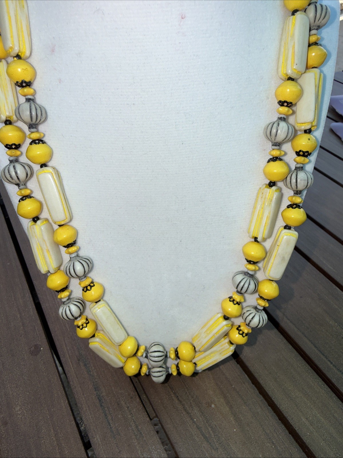 Vintage Made in Hong Kong Yellow Black White 2 Strand Beaded Necklace 19″