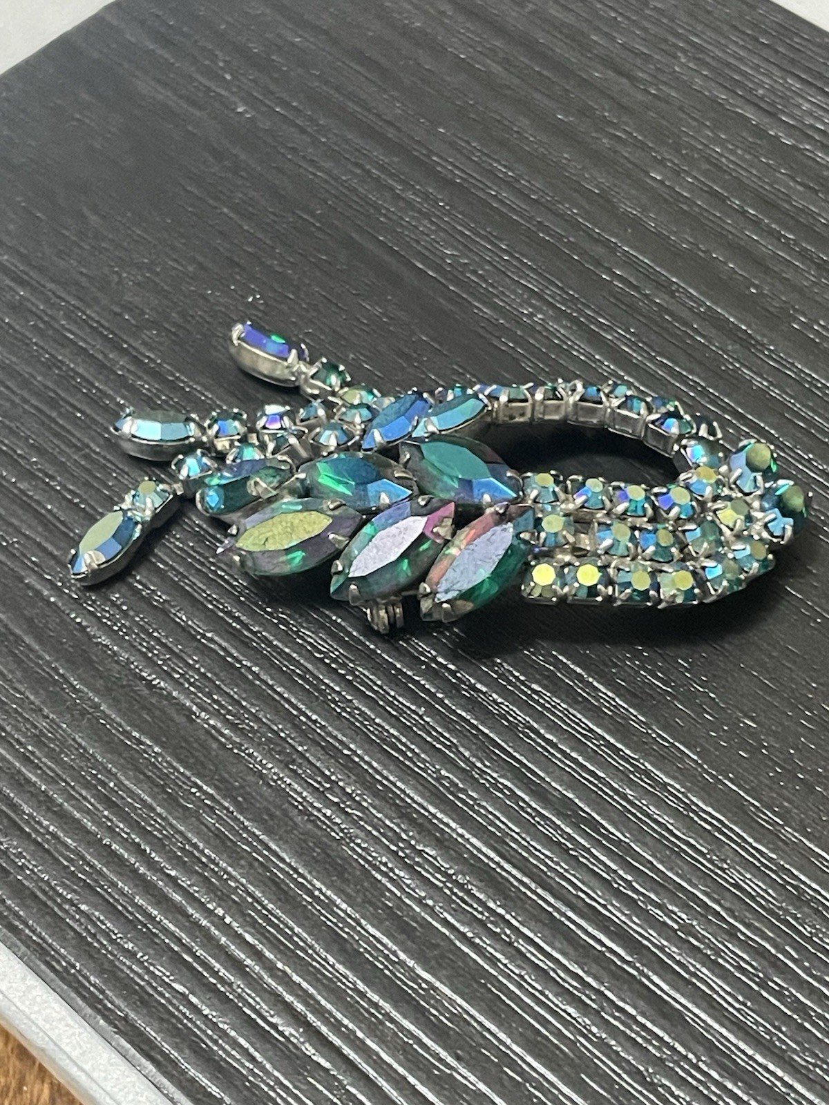 “Blue Lagoon” Style Aurora Borealis Crystal Rhinestone Tassel Brooch Vtg Estate