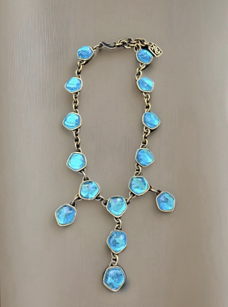 Vintage YSL Yves Saint Lauren Turquoise Blue Cabochon Chain Dangle Necklace 16”