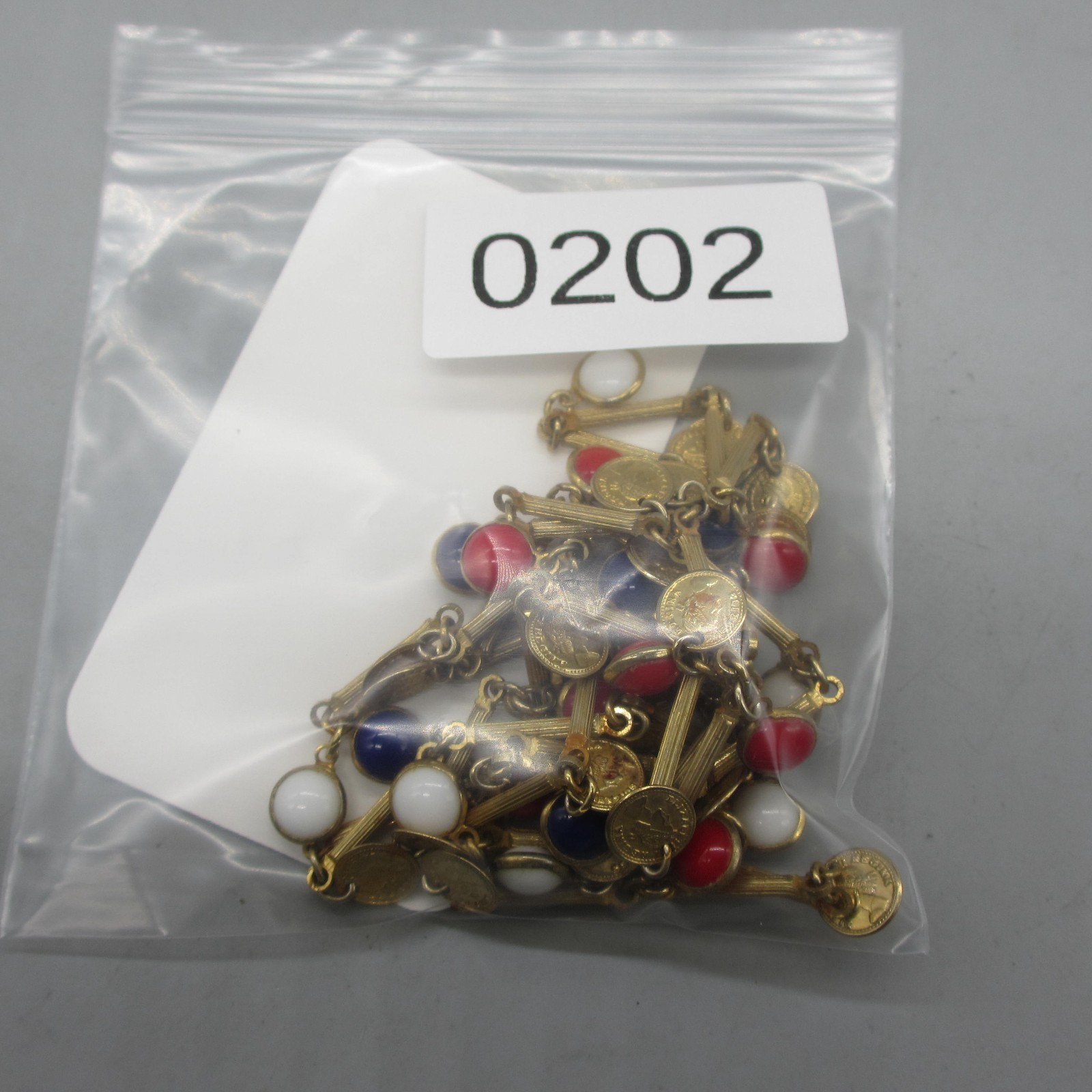 Vintage Open Bezel Necklace Faux Coin Station Gold Tone Red White Blue Rope 46″