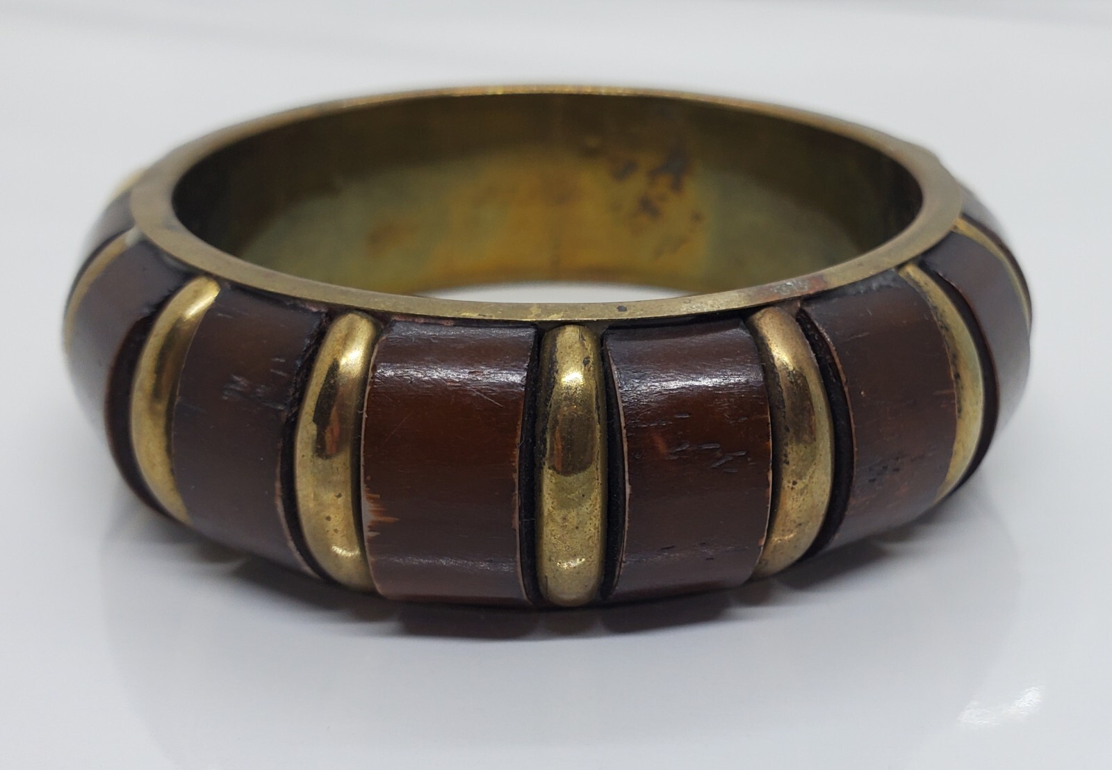 Vintage Wood Metal Bangle Bracelet White Brown Gold Lot of Two