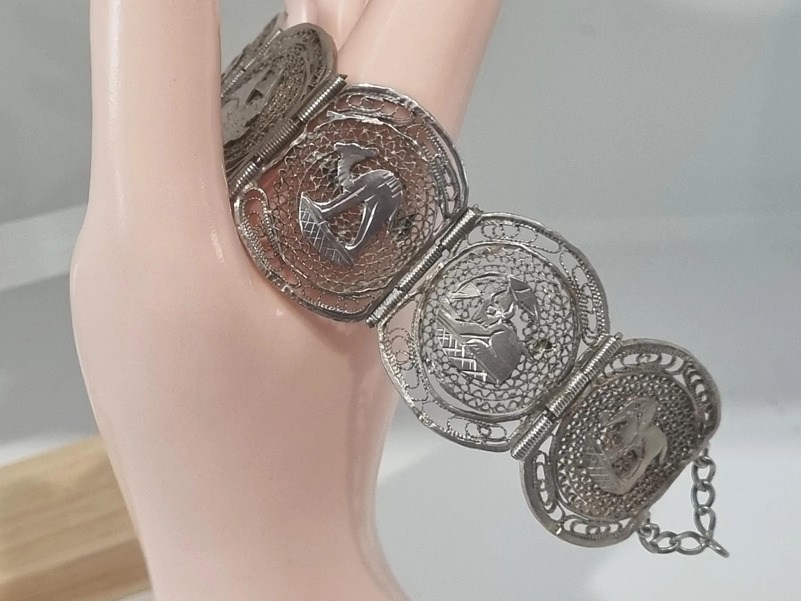 Vintage 12k White Gold Fill Sterling Egyptian Theme Filigree Bracelet See Video