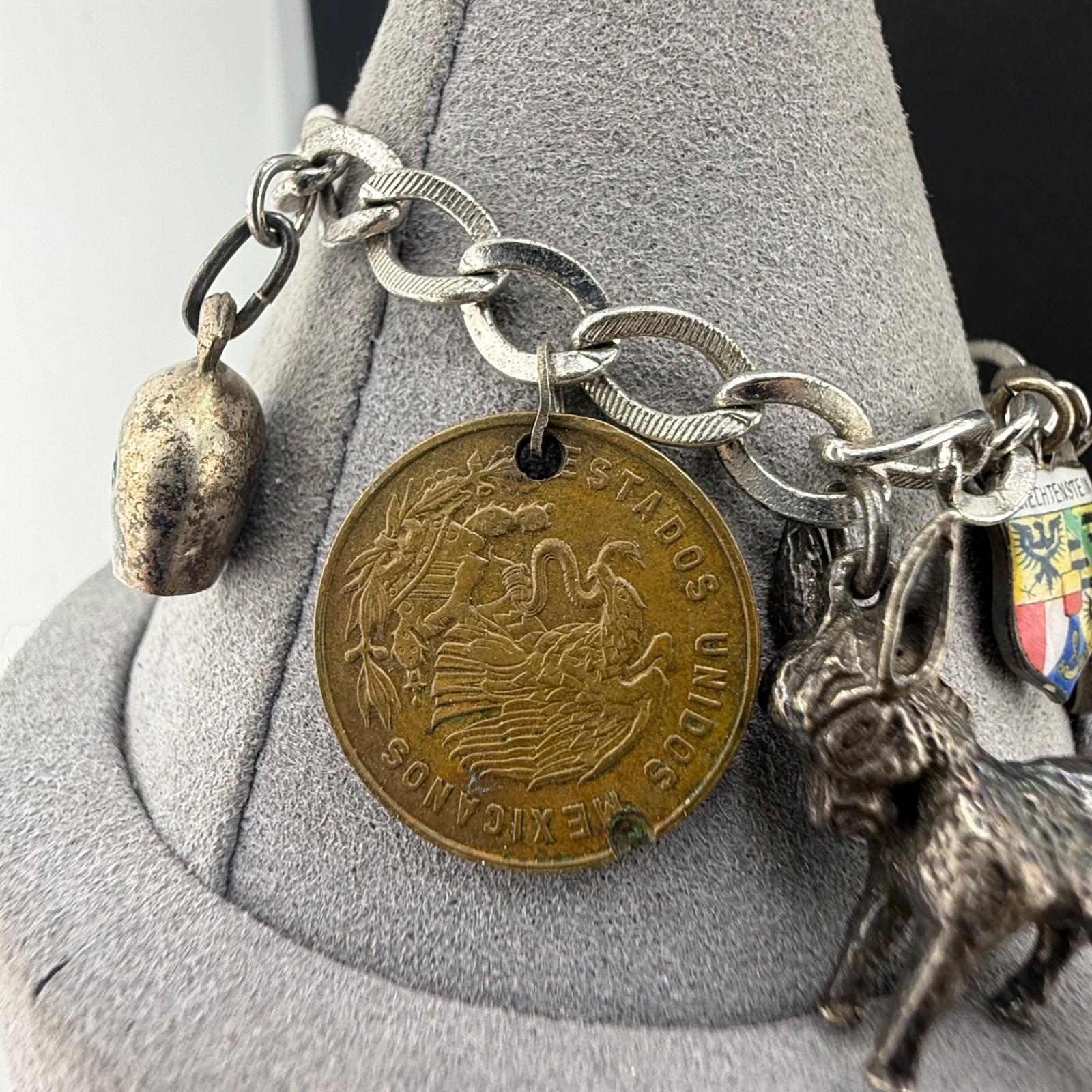 Vintage Travel Coin Charm Bracelet Europe Mexico Some 800 Silver 6.5”