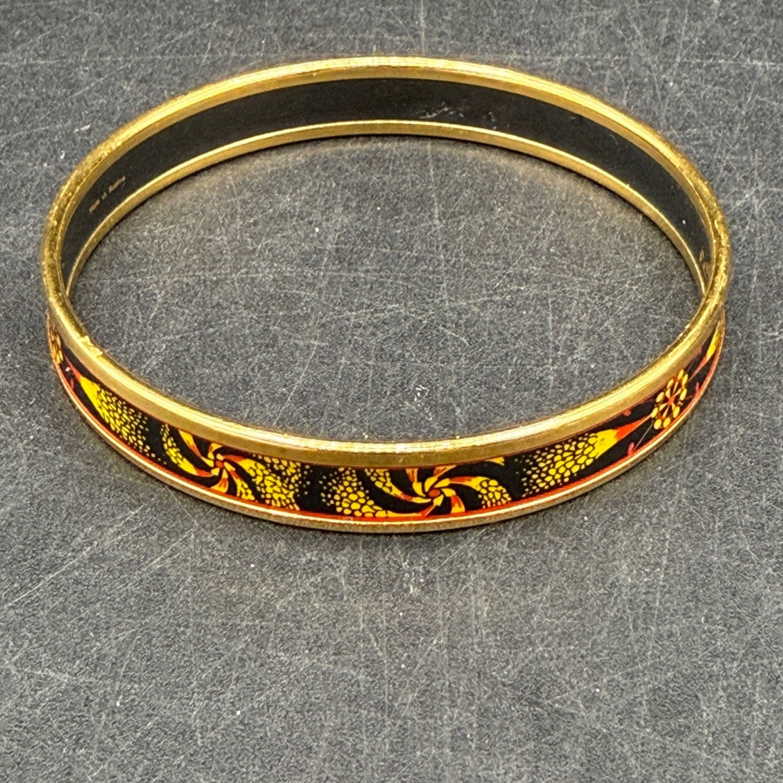 Hermes Vintage Enamel Bangle Bracelet Women Gold Red Yellow Floral Narrow