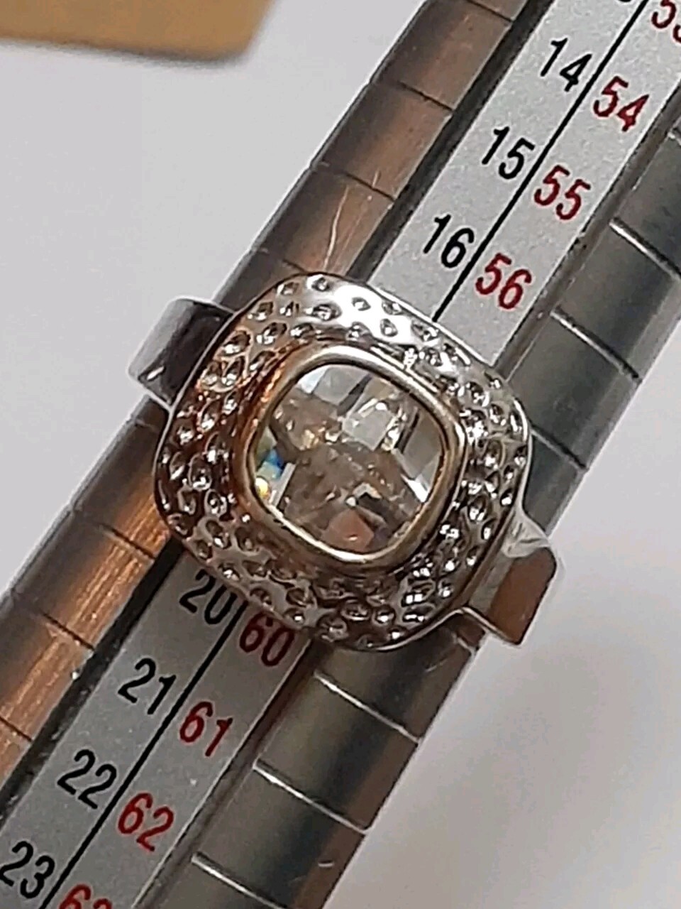 18K GE cocktail ring channel set cushion cut clear CZ stone size 8.5