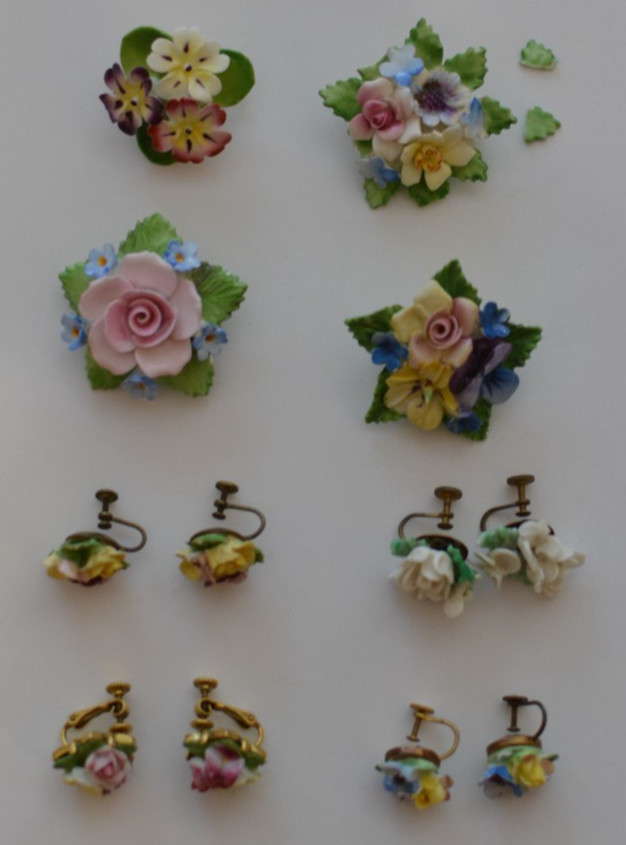 Vintage lot Denton and Staffordshire England Bone China brooches/earrings, as is