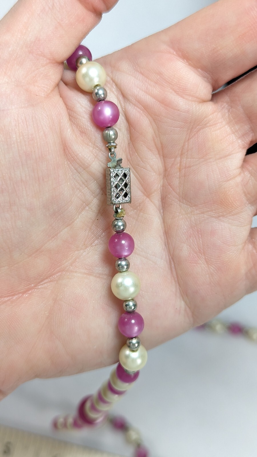 Vintage Opera Length Bead 54″ Necklace Pink Purple Faux White Pearl Silver Tone