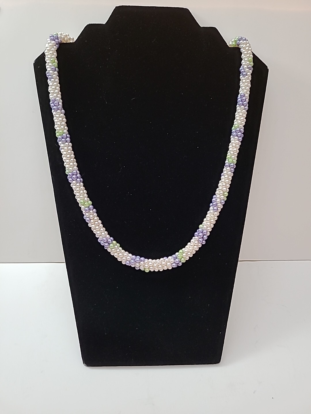 VTG Long White Purple Green Seed Beaded Rope Necklace Unsigned 1960’s 1970’s