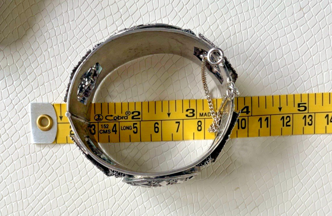 Vintage Sterling (925) Filigree Hinged Bangle Bracelet Moorish Arabesque 44g