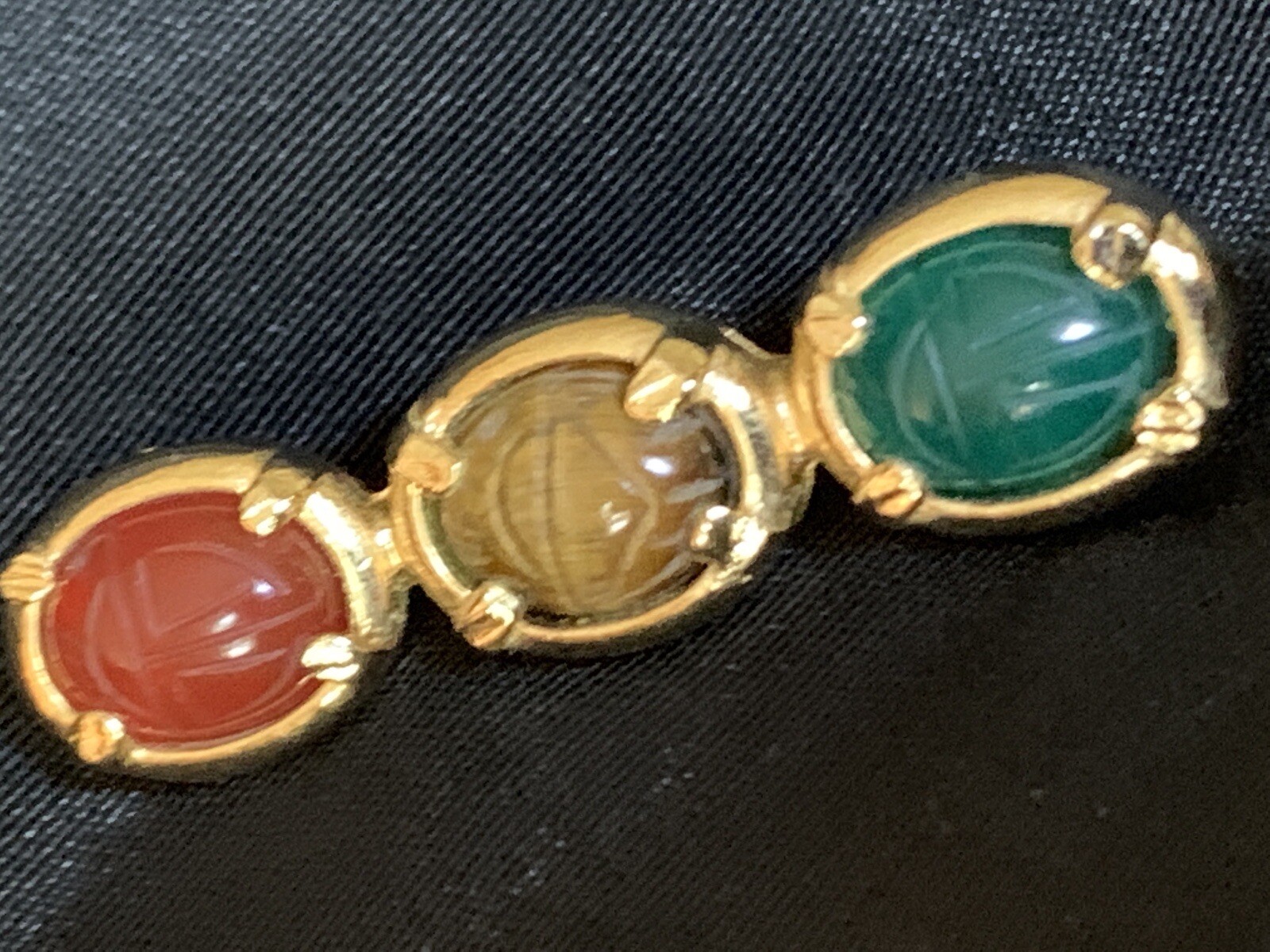 Vintage Multi-Gemstone Carved Scarab Brooch Pin Bar Carnelian Tiger’s Eye & Jade