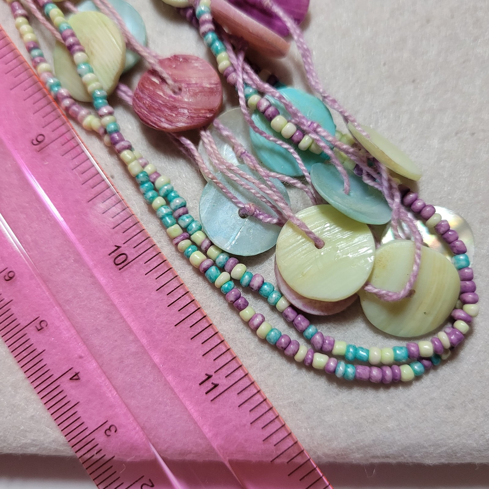 Vintage Pastel Shell & Beads Layered Necklace Pink Blue Green Ocean Boho Mermaid