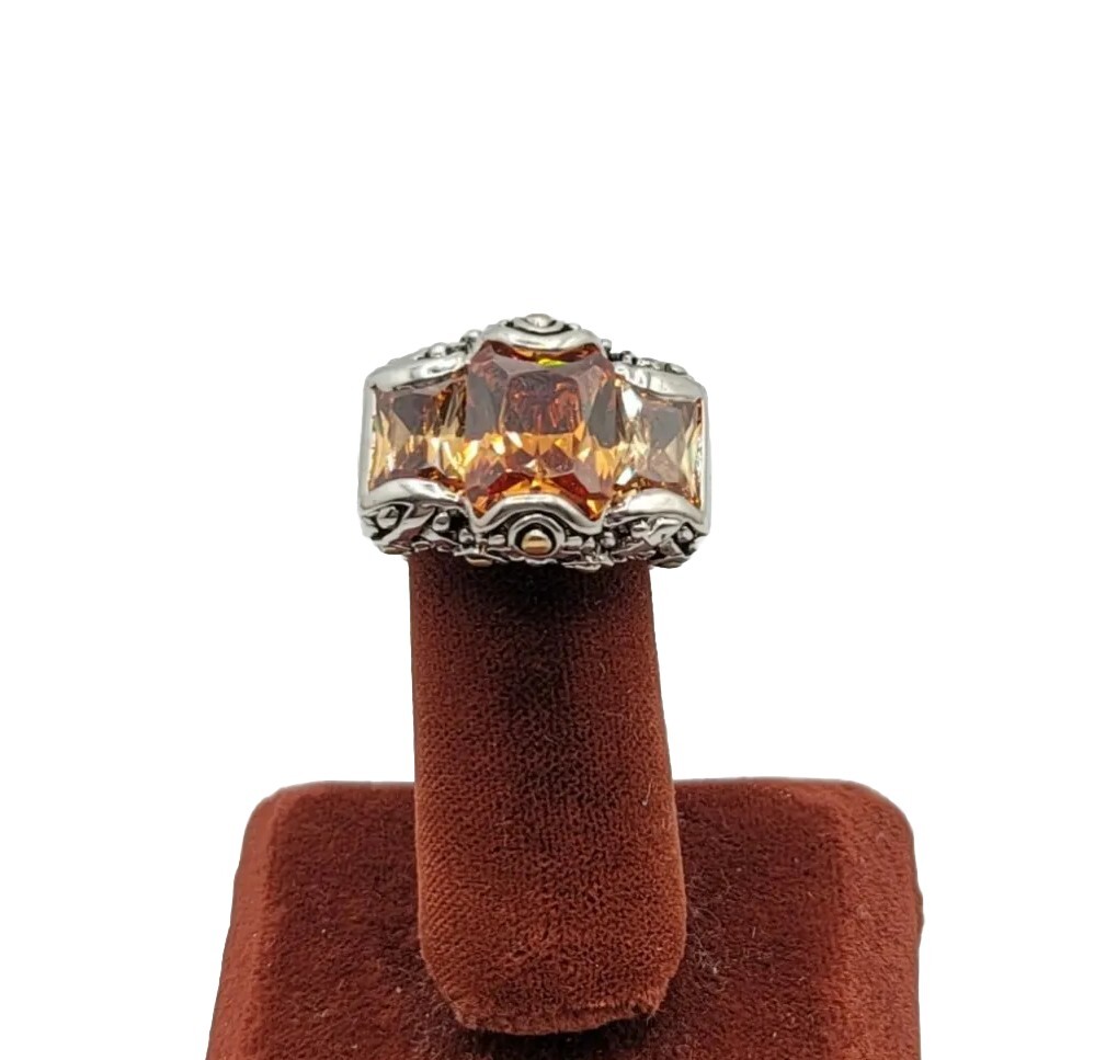 Vtg Ring Sz 7 Lg Topaz Citrine Amber Cubic Zirconia Statement Fashion Jewelry