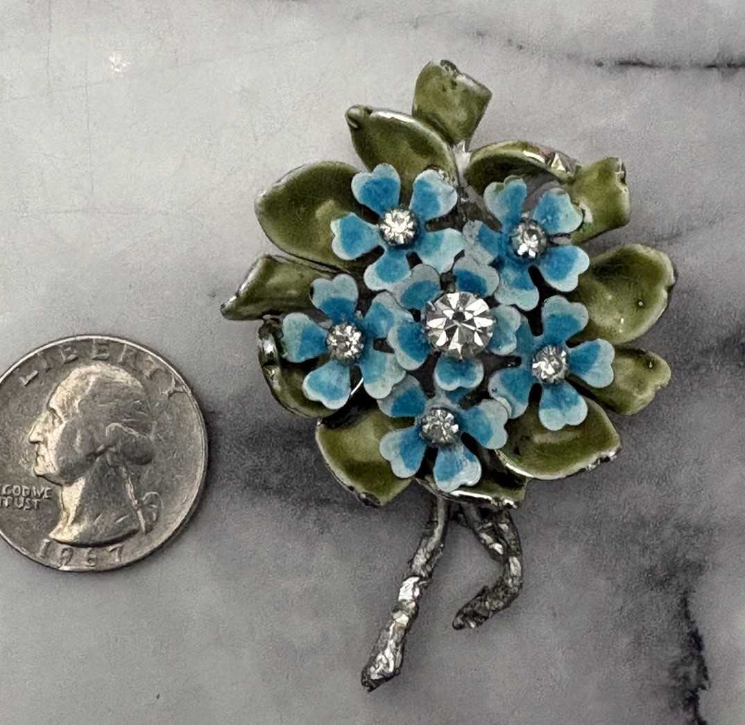 Vintage Coro Green Blue Enamel Rhinestone Flower Forget Me Not Pin Brooch Signed