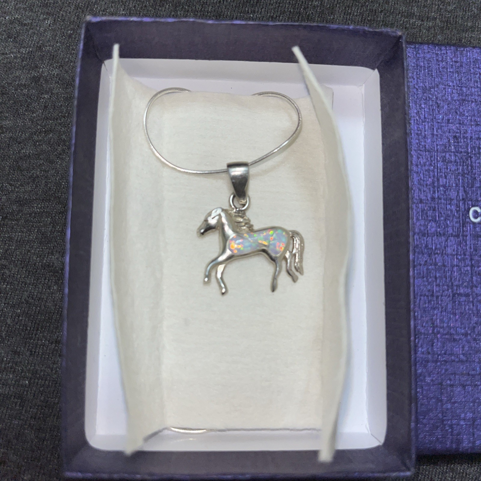 Pendant & Necklace Opal Inlay Running Horse & Sterling Silver 18″ Chain