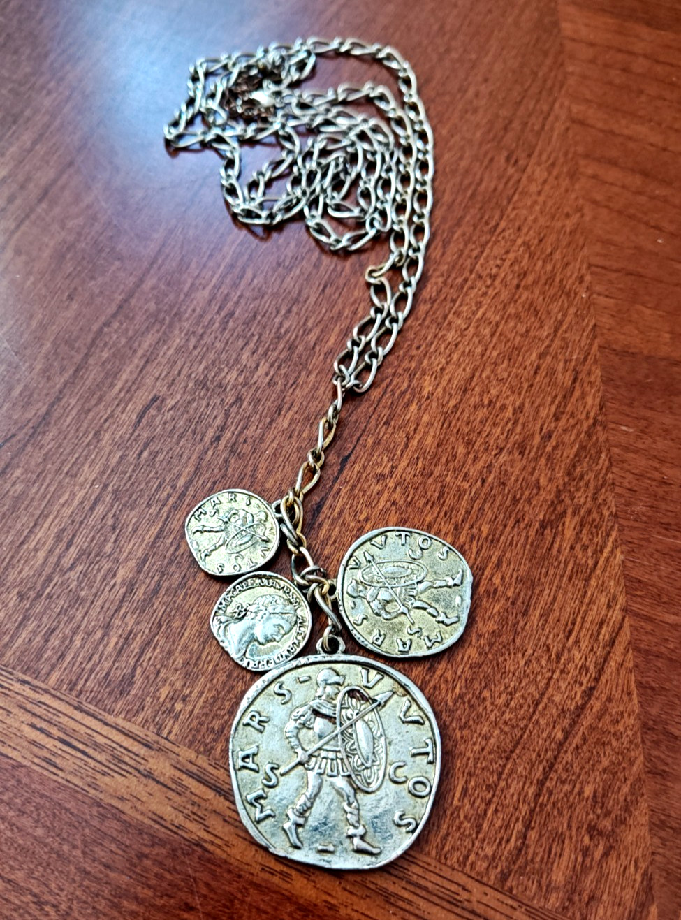 Vintage Coin Charm Necklace Greek Roman Dangles Gold Tone Chain 30″