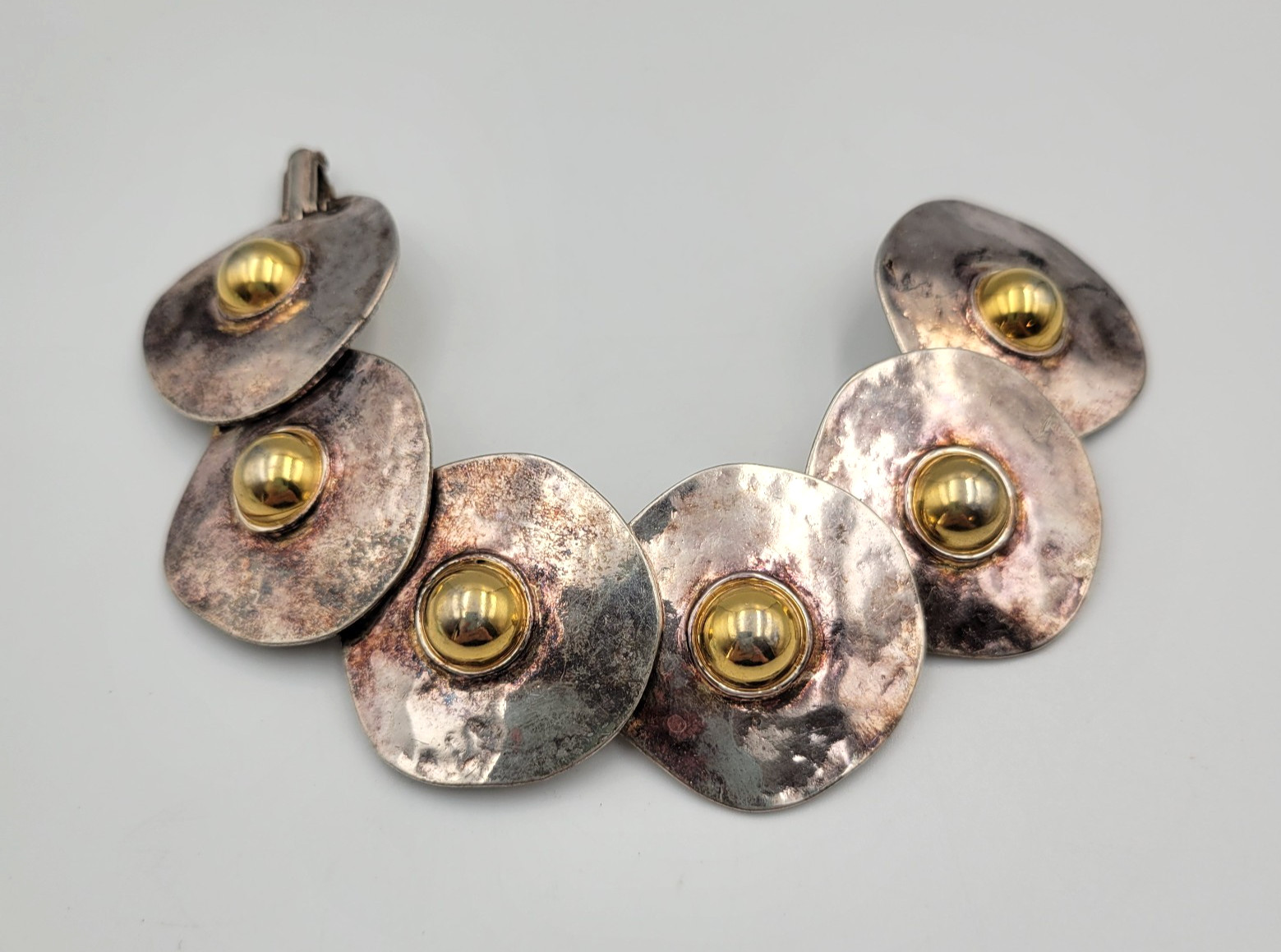 Brutalist Style Jewelry Set Hammered Disc Bracelet Clip on Earrings READ