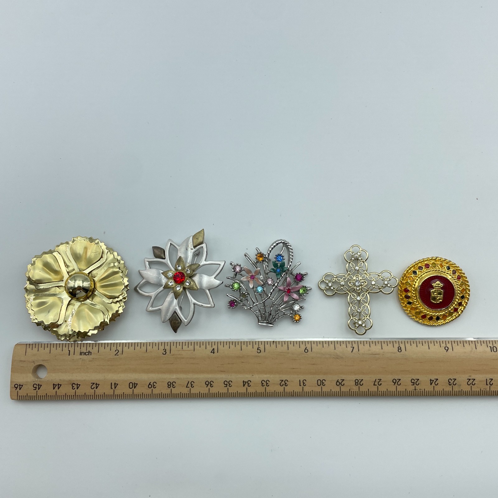 LIZ CLAIBORNE Brooch Pin Lot Rhinestone Cross Flower Gold Silver 1.5x2in
