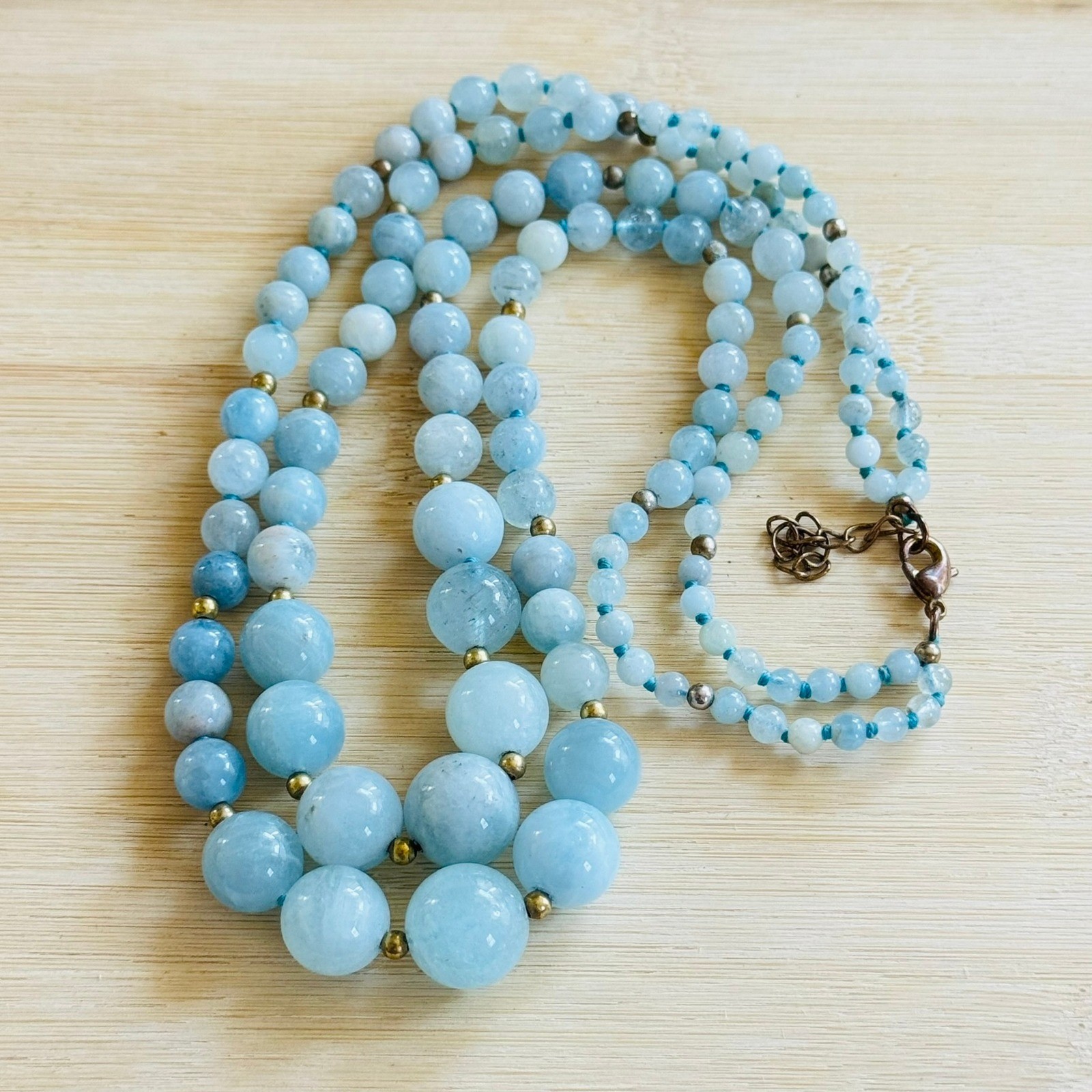 VTG AquaMarine Double strand Necklace Collar Beaded Round genuine Natural 19″