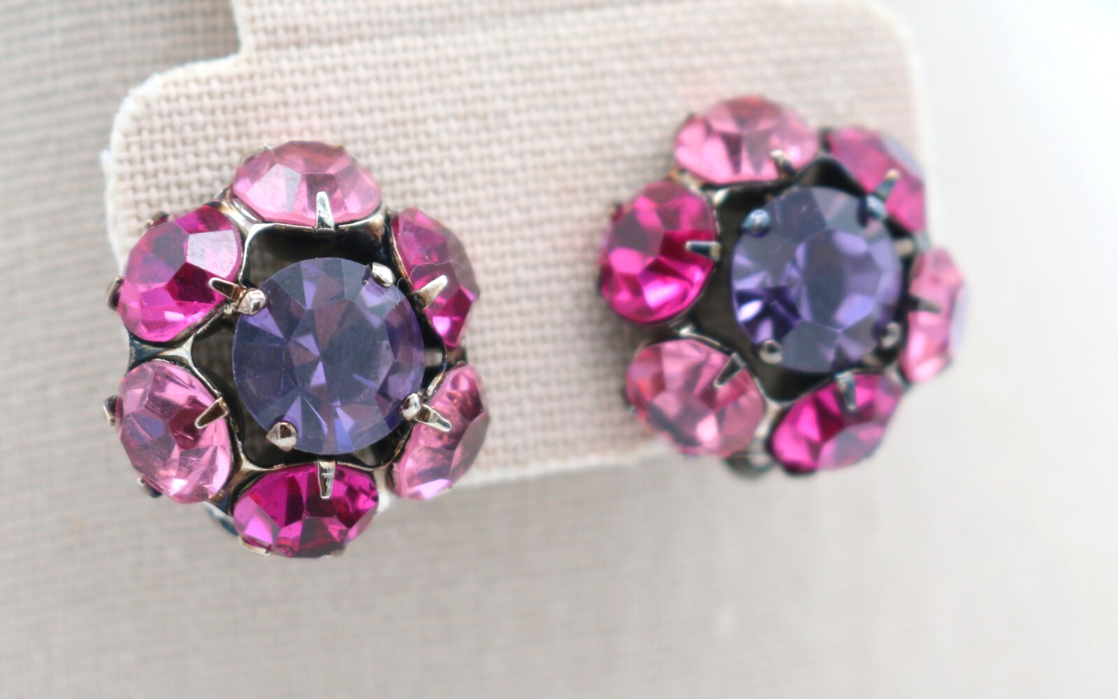 Lovely Vintage Pink & Purple Rhinestone Flower Shape Gunmetal Clip On Earrings