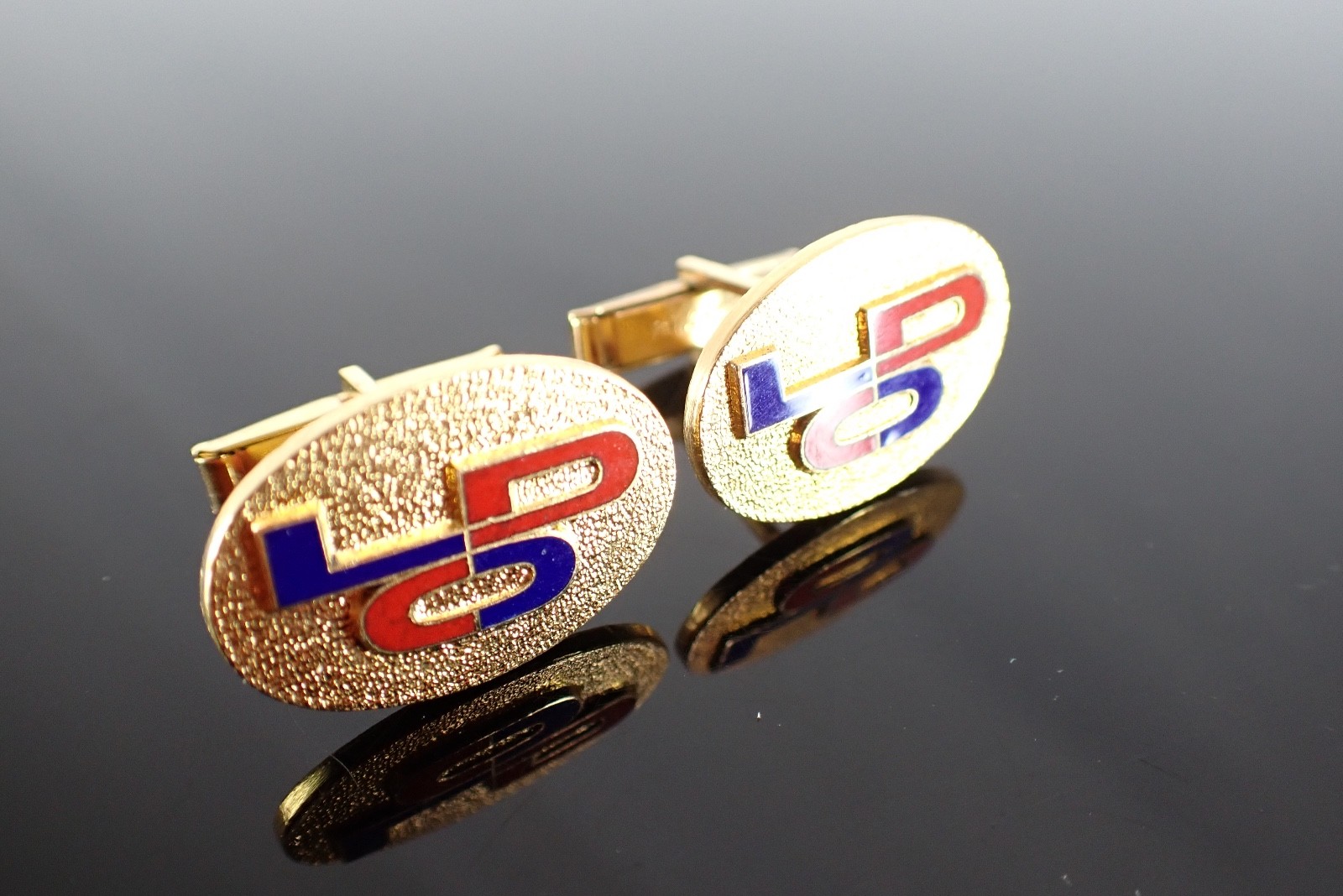 Vintage Gold Tone Red Blue Enamel LDO Initial Cufflinks Oval Textured Design