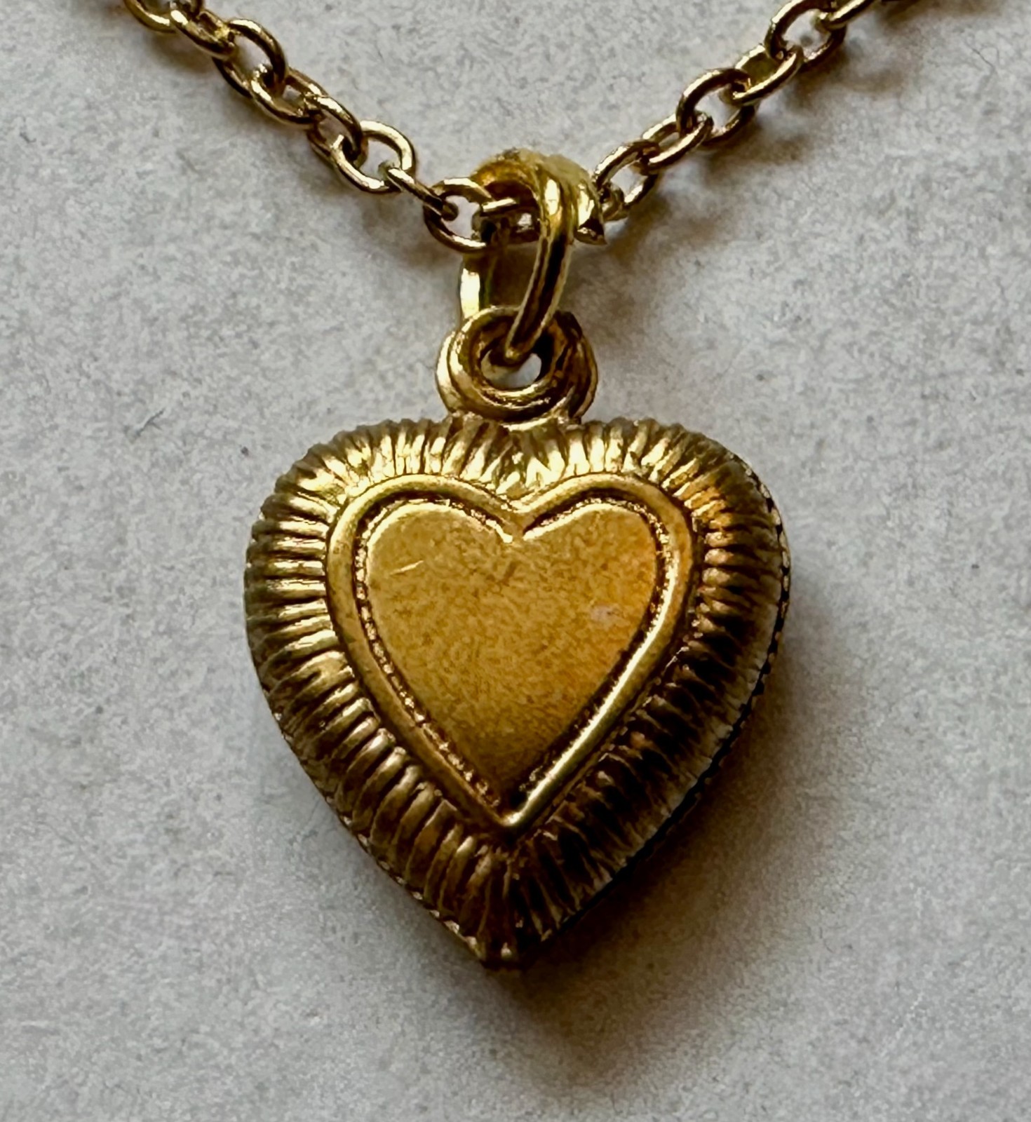 Vintage heart brass puffed two sided charm pendant 1/2 of 1″ necklace 18″ GP