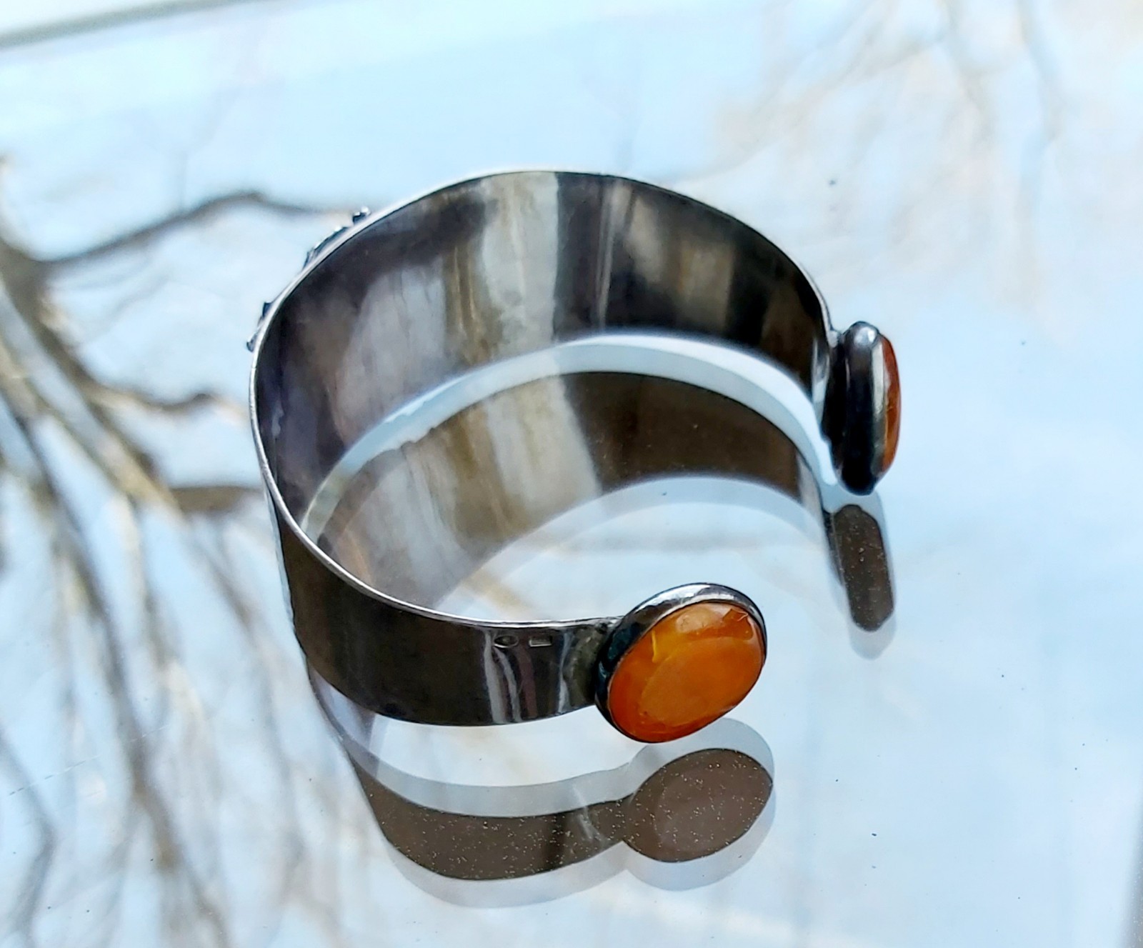 Antique Art Deco Sterling Silver Cuff Bracelet Original Design 3 Amber Inserts