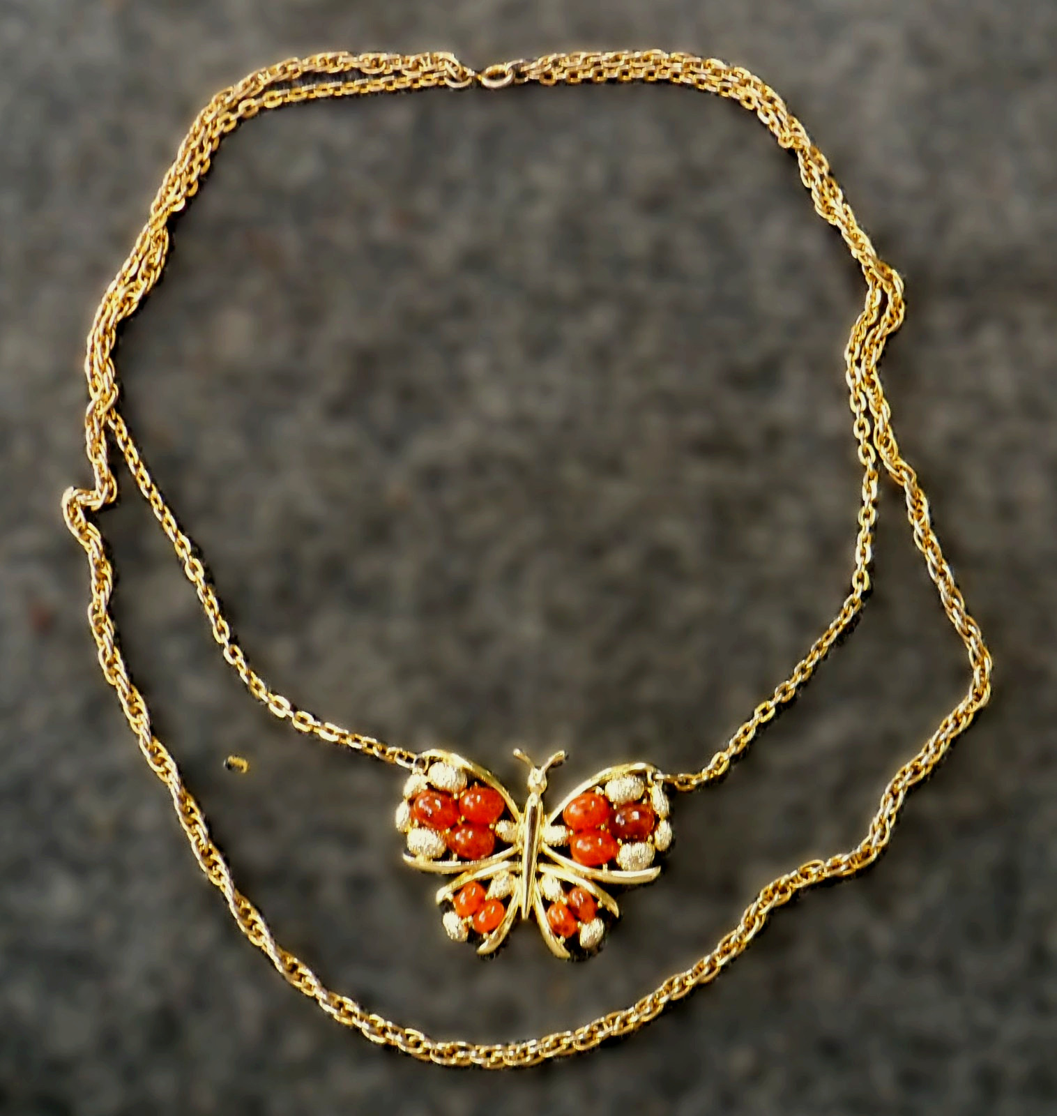 Vintage Butterfly Pendant Necklace 18″ Double Chain Amber Stones