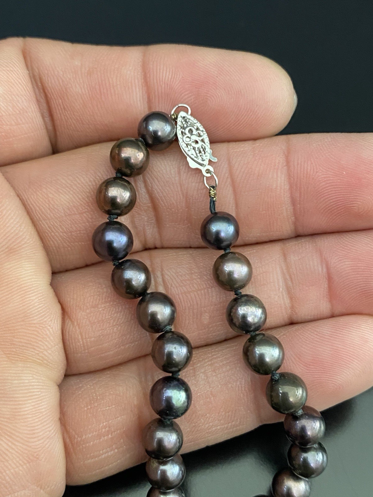 14K White Gold Fish Hook Clasp 6mm Hand Knotted Round Tahitian Pearl Necklace