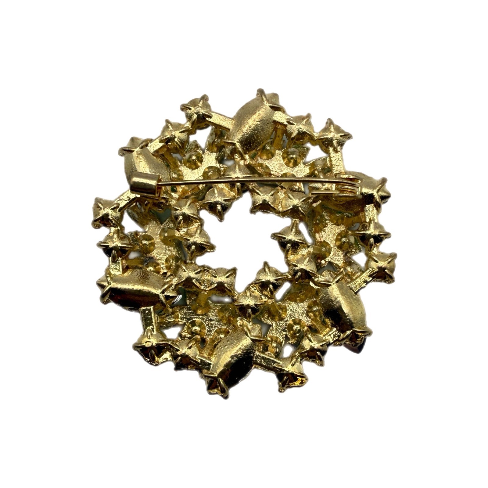 Gold Tone Green Rhinestone Wreath Brooch Pin Emerald Peridot Crystal