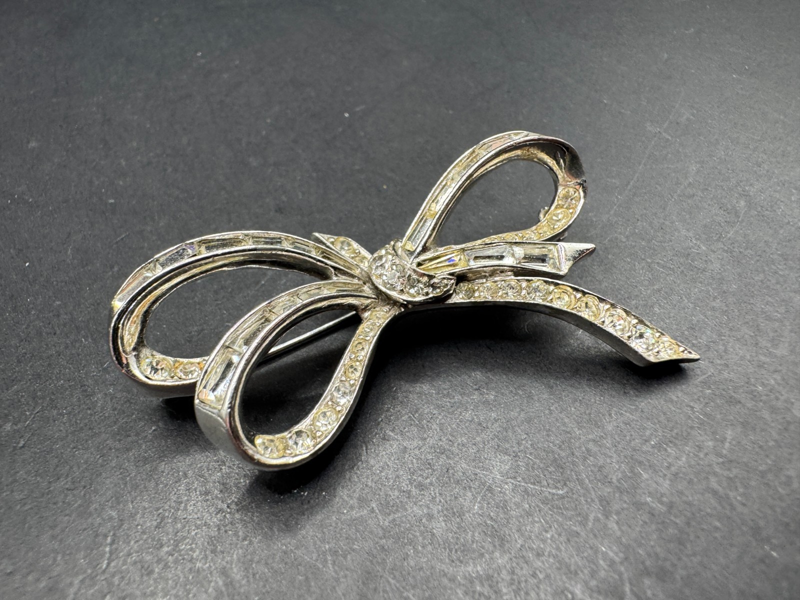 Vtg Marcel Boucher Bow Brooch Pin SIlver Tone Emerald Cut and Round Crystal 5266