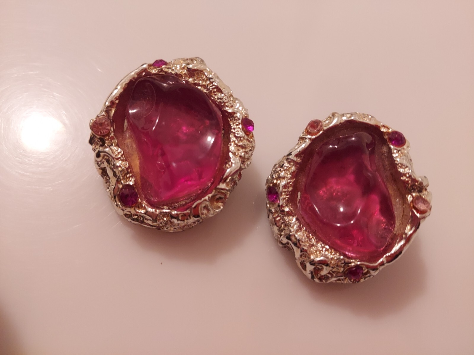 purple lavender lozenge crinkled metal earrings statement posts rhinestones 1.5″