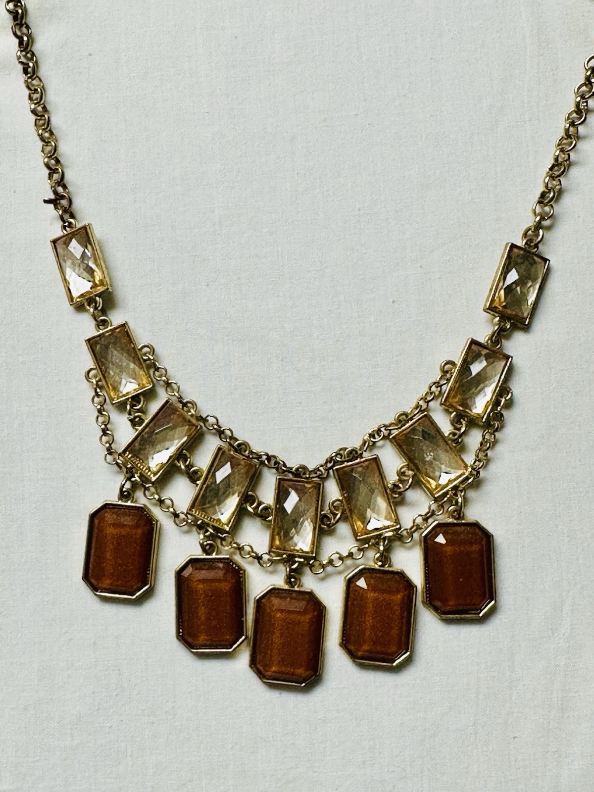 Faceted Rectangle Cabochon Gold Tone Bib Necklace n0153