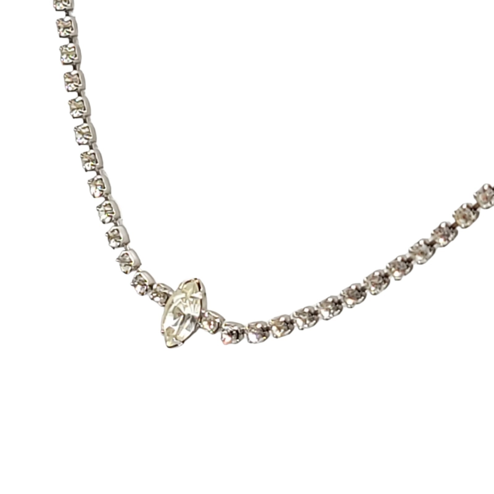 Clear Glass Rhinestone Dainty Vintage Silver Tone Necklace with Marquis Cut