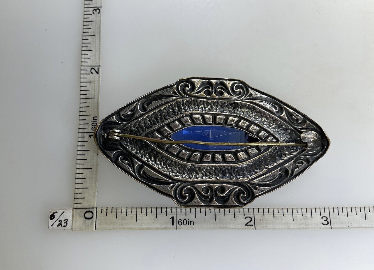 Art Nouveau Deco Lozenge Shape Blue Czech Glass Silvertone Filigree Brooch